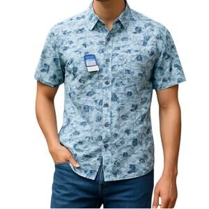 Columbia Blue White Tropical Beach Print Short Sleeve Shirt NEW M